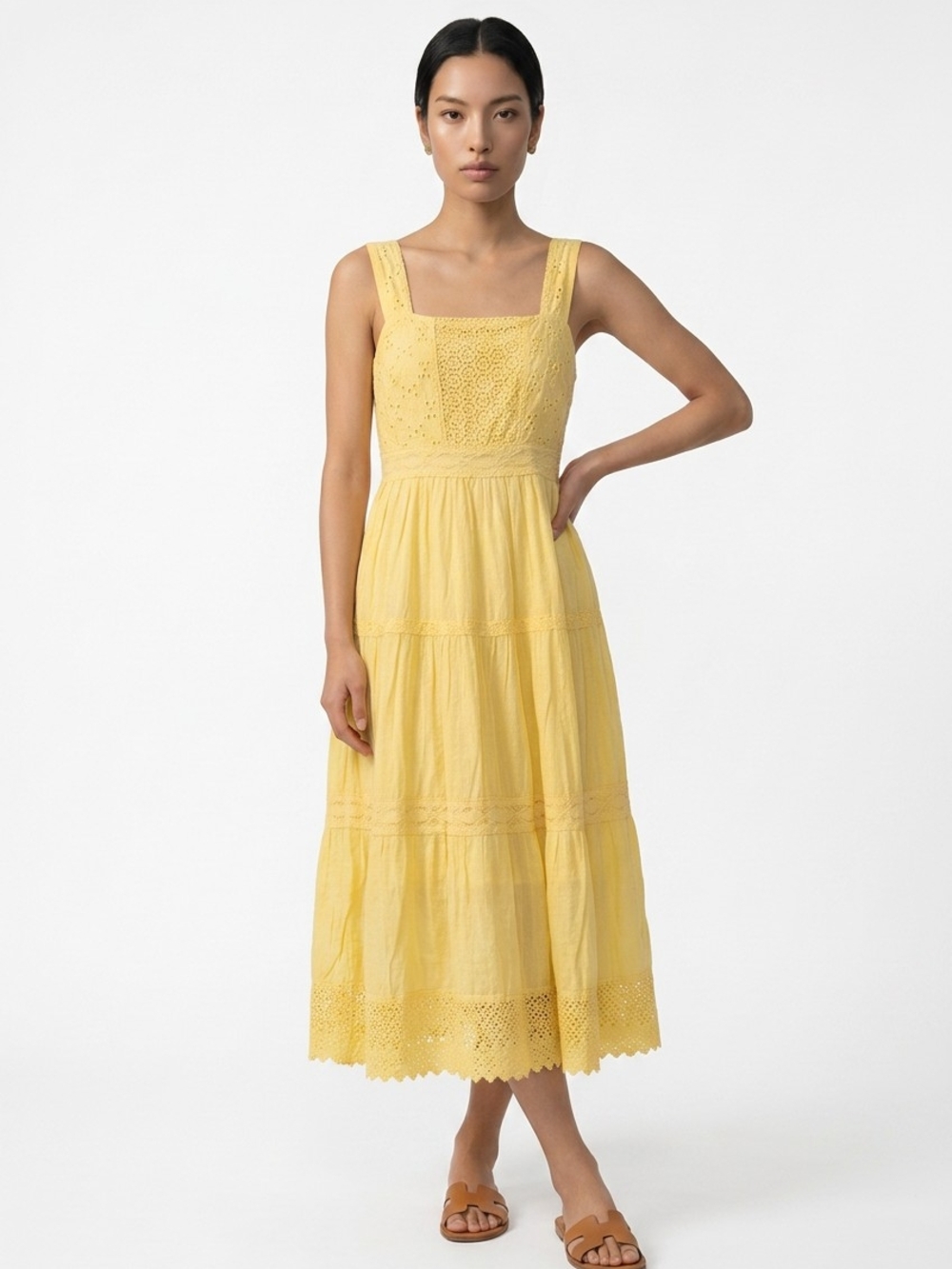 Square-Neck Yellow Eyelet Midi Dress